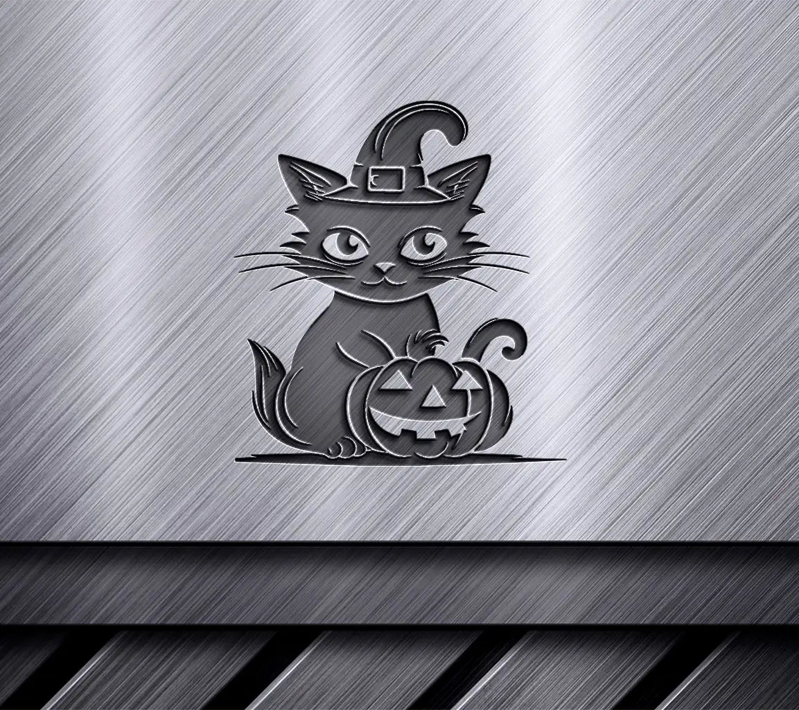 Halloween Black Cat with Witch Hat & Pumpkin SVG SVG