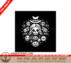 Halloween Skull with Top Hat & Pumpkins SVG Design SVG