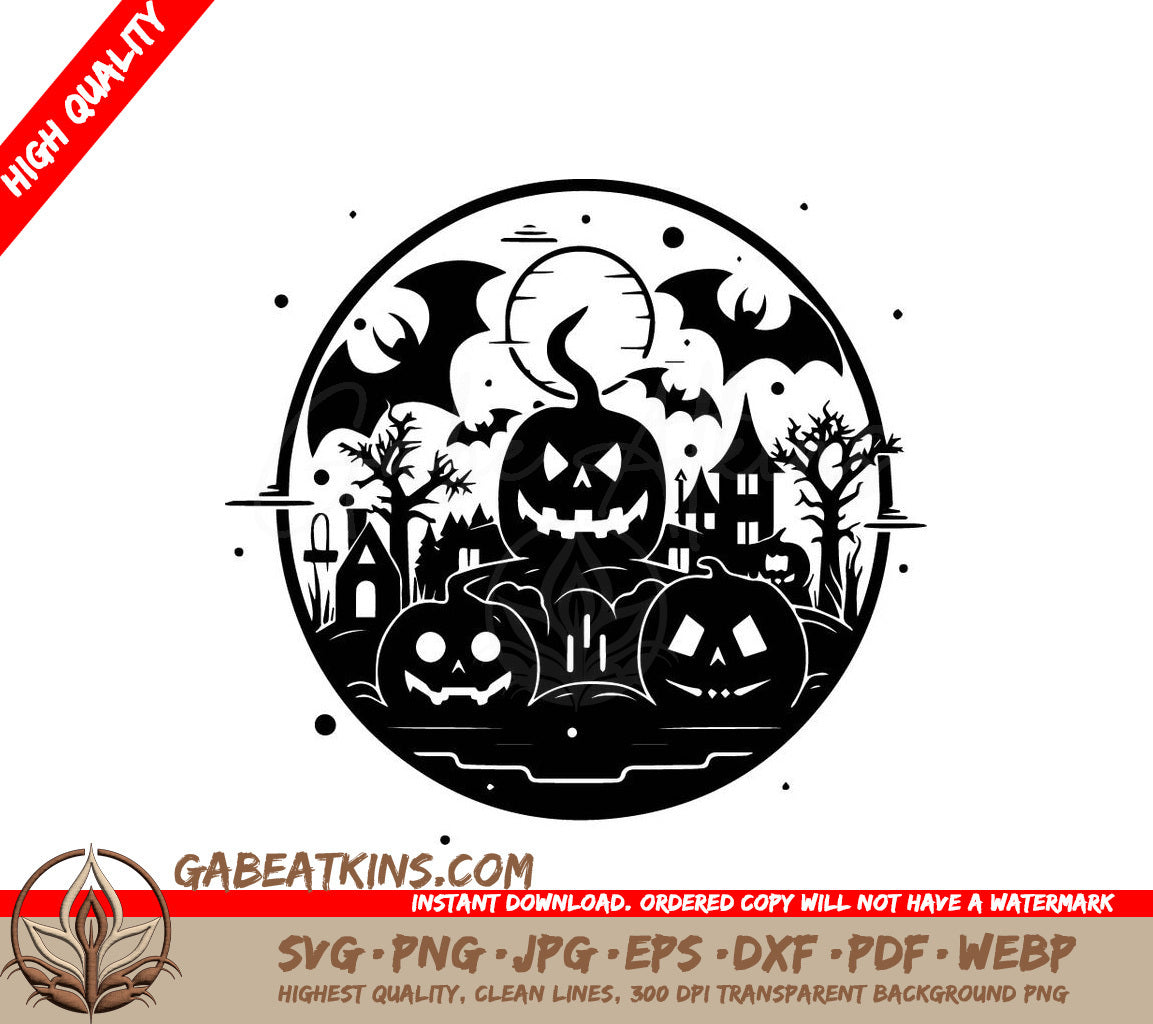 Halloween Minimalist Pumpkins & Bats SVG -  Drawing SVG