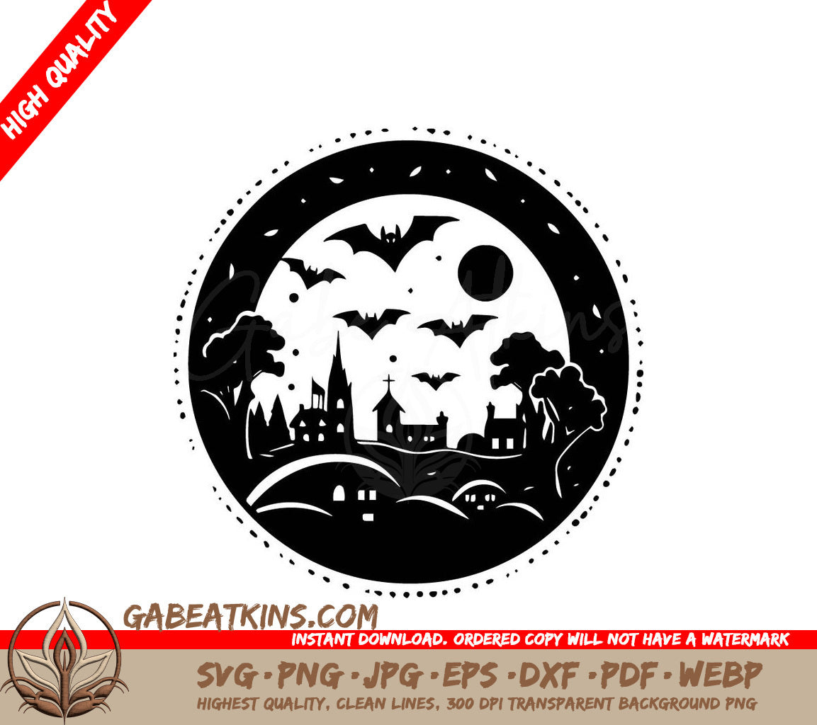 Halloween Bats Over Village SVG - Minimalist  Design SVG