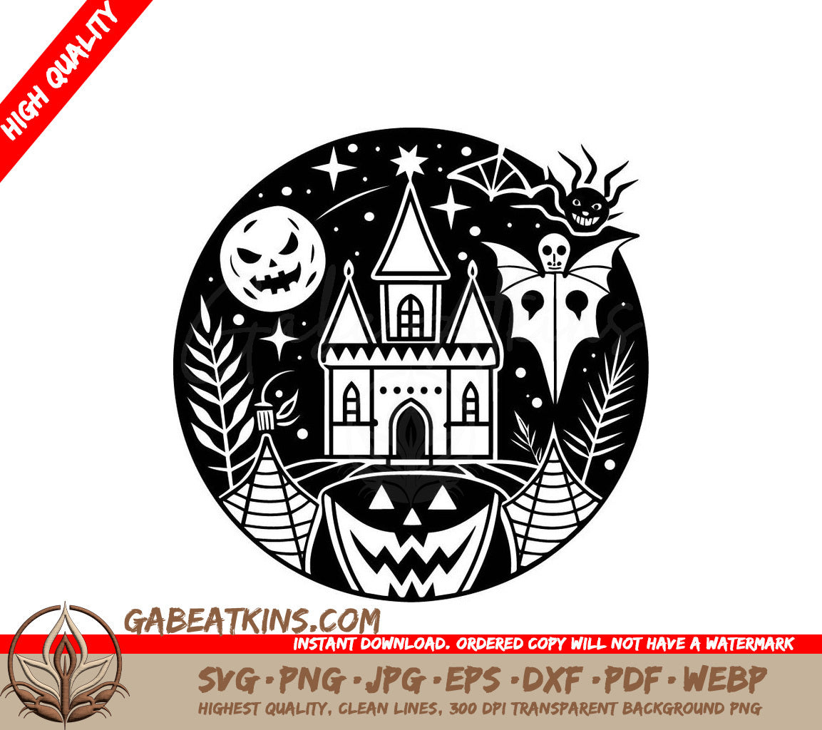 Haunted House Halloween SVG  Spooky Castle with Pumpkins & Bats SVG