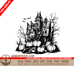 Haunted House & Pumpkins Halloween SVG -  Drawing SVG