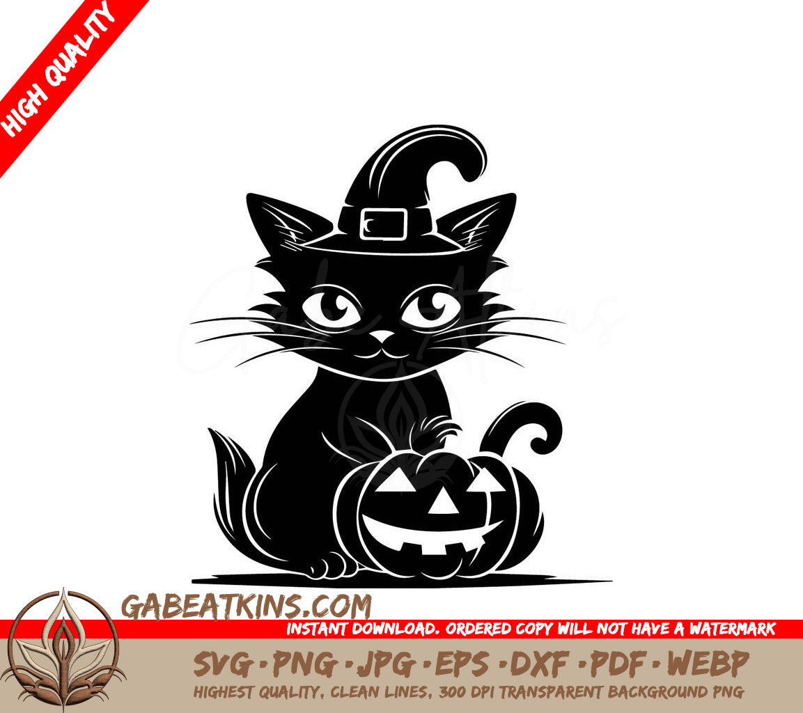 Halloween Black Cat with Witch Hat & Pumpkin SVG SVG