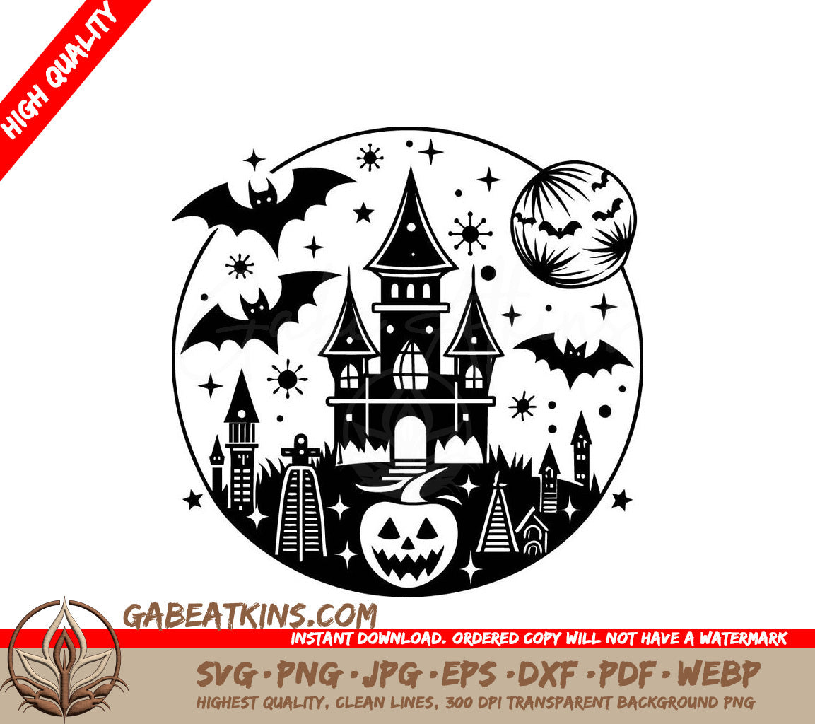 Haunted Castle Halloween SVG -  Silhouette with Bats & Pumpkin SVG