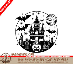 Haunted Castle Halloween SVG -  Silhouette with Bats & Pumpkin SVG