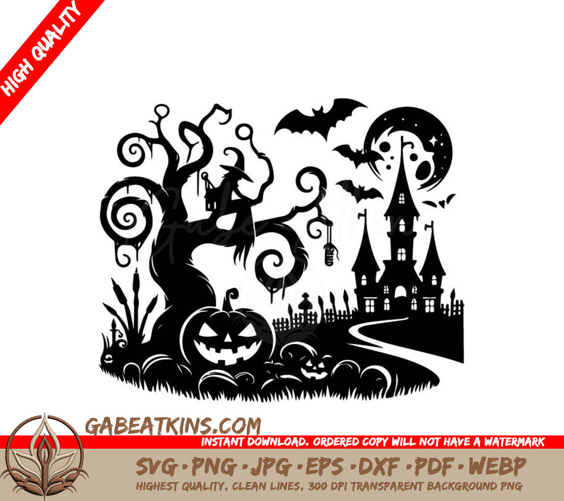 Halloween Witch & Castle Silhouette SVG -  Illustration SVG