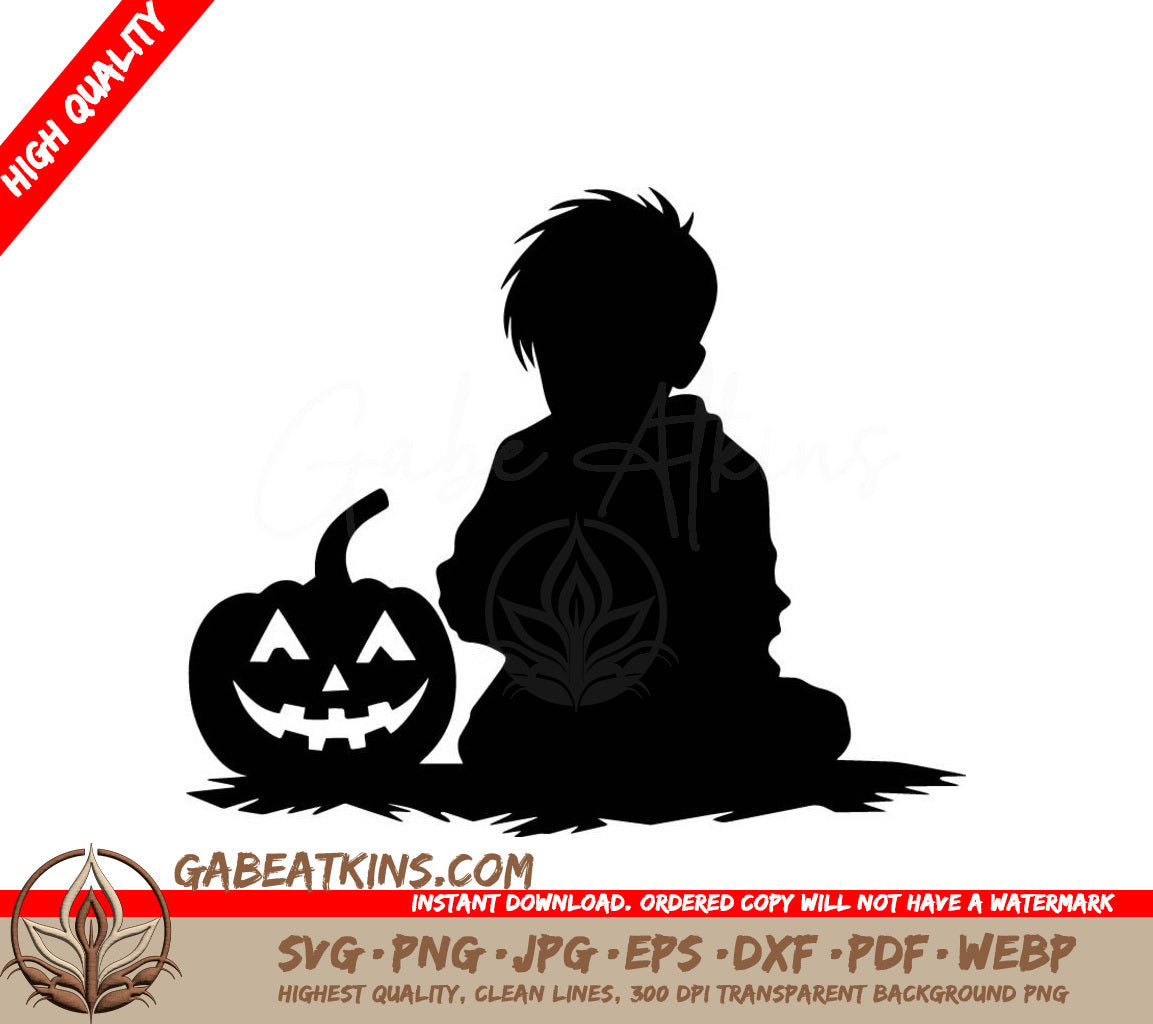 A Silhouette Of A Child Sitting Next To A Pumpkin