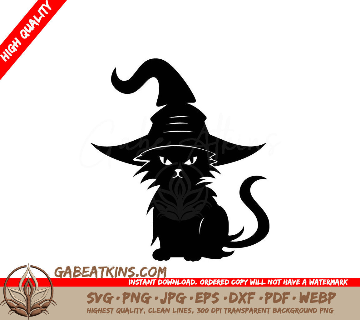 A Black Cat Wearing A Witch Hat With A Long Tail