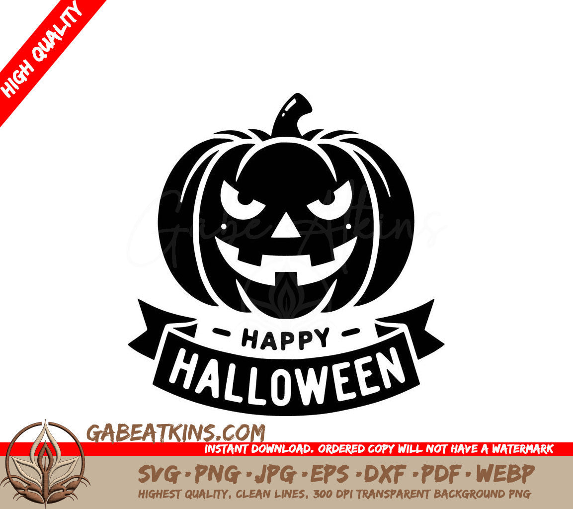 A Black And White Halloween Sign With A Pumpkin And The Words Happy Halloween