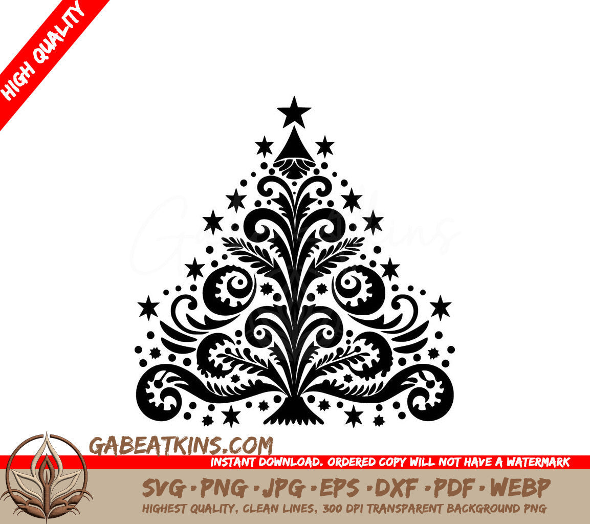 A Black And White Christmas Tree With Stars And Swirls SVG - Handcrafted Holiday Tree SVG