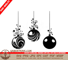 Three Black And White Christmas Ornaments Hanging From A String SVG - Hanging Christmas Ornaments SVG