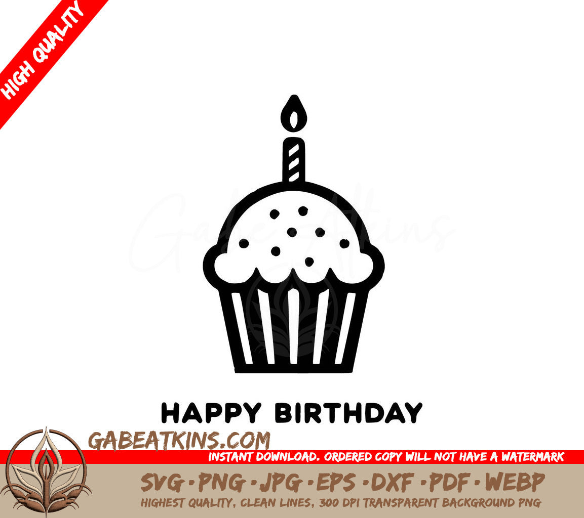 A Black And White Cupcake With A Candle And The Words Happy Birthday Below It SVG - Happy Birthday Cupcake SVG