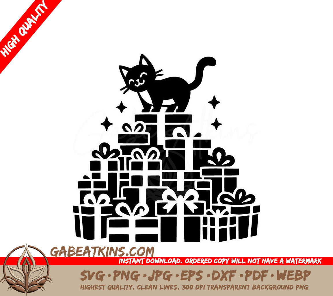 A Black Cat Is Standing On Top Of A Pile Of Presents SVG - Happy Cat Gifts SVG