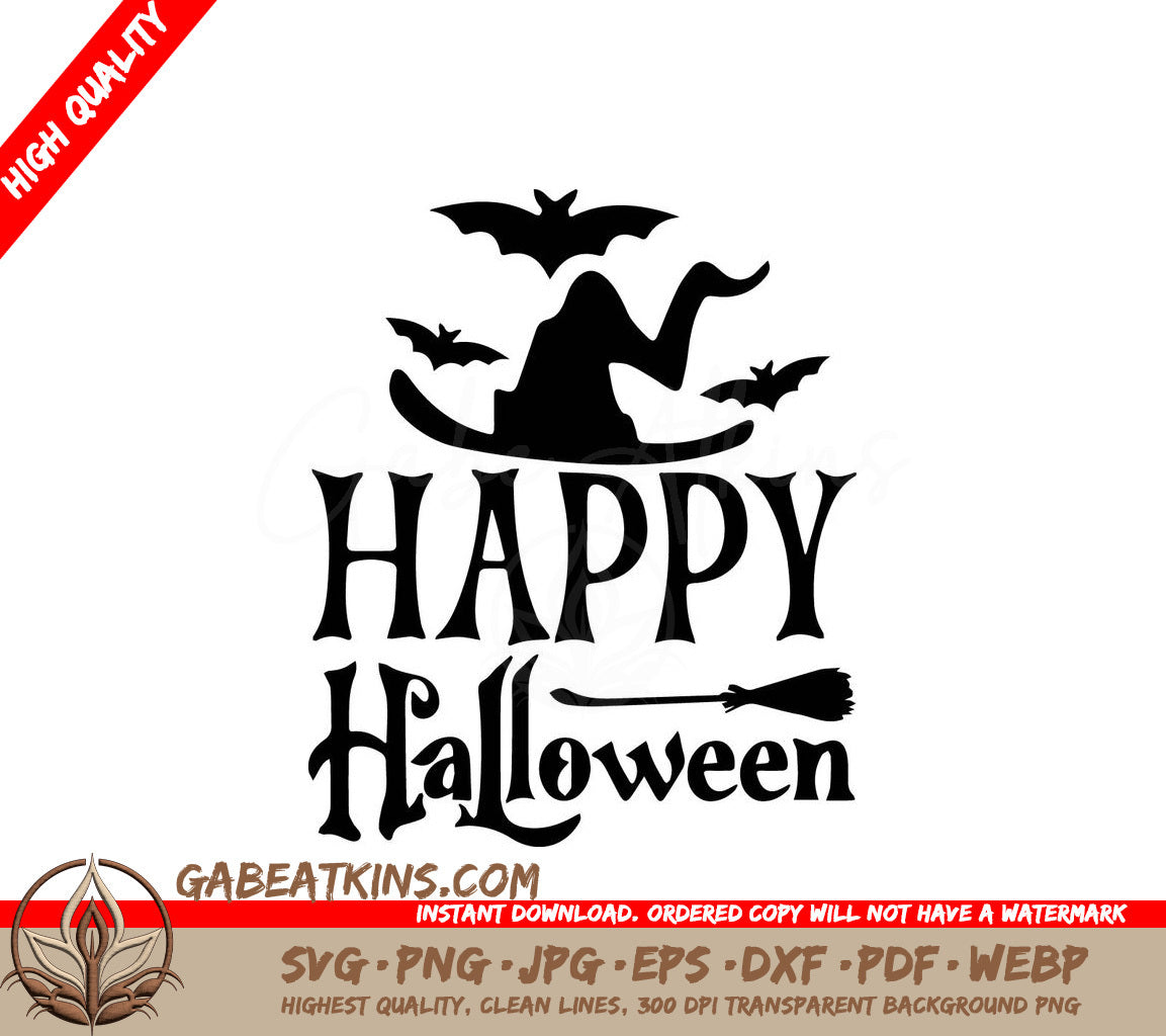 A Happy Halloween Sign With A Witch Hat And Bats SVG - Happy Halloween SVG SVG