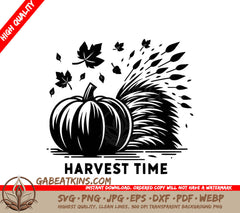 A Black And White Illustration Of A Pumpkin And Hay With The Words Harvest Time Below It SVG - Harvest Time Pumpkin SVG