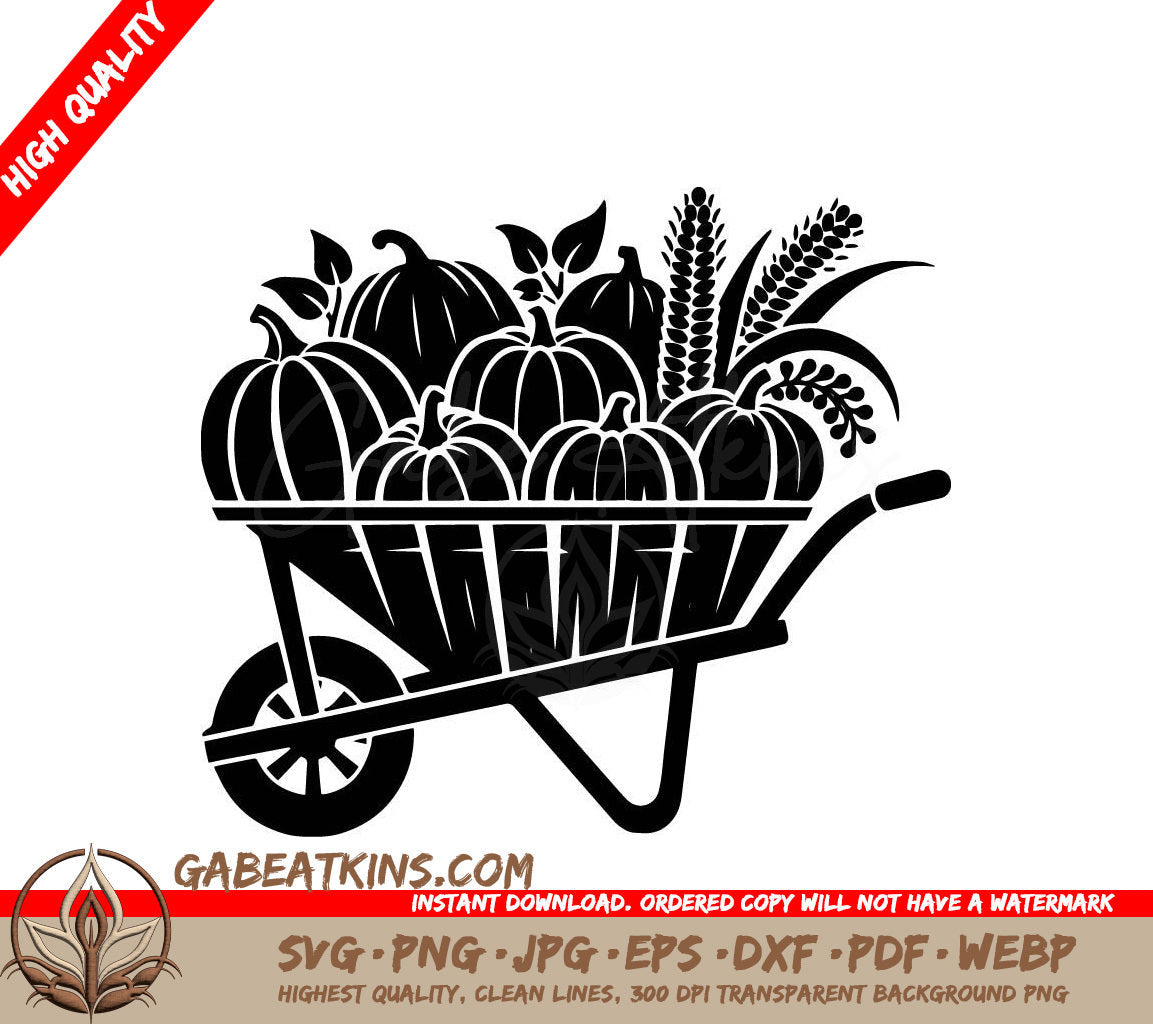 A Wheelbarrow Full Of Pumpkins And Wheat On A White Background