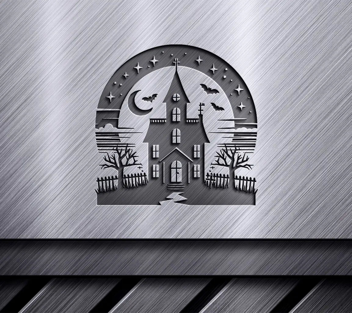 Haunted House Silhouette SVG -  Scary House with Bats SVG