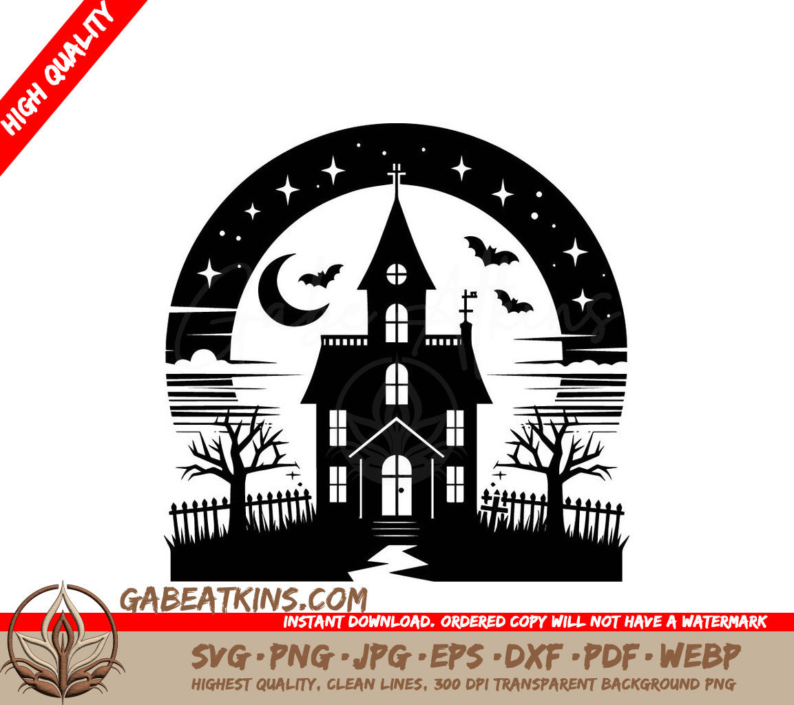 Haunted House Silhouette SVG -  Scary House with Bats SVG