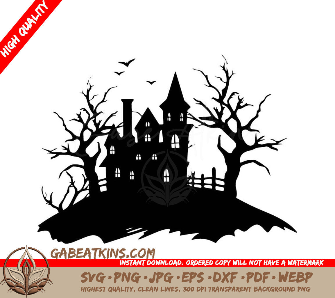 A Silhouette Of A Haunted House Surrounded By Trees And Bats