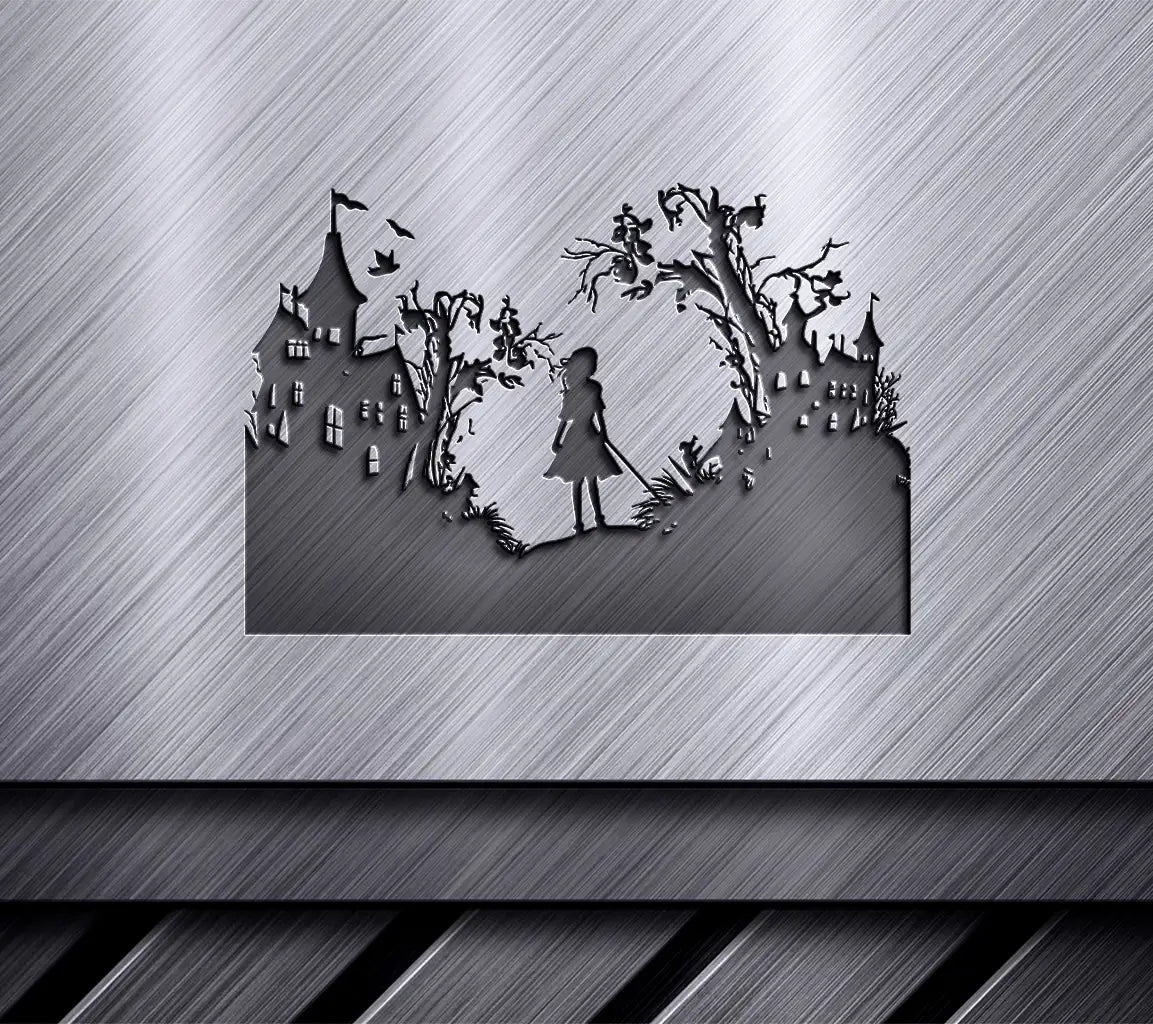 Haunting Castle Silhouette Girl SVG Design SVG