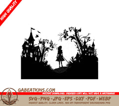 Haunting Castle Silhouette Girl SVG Design SVG