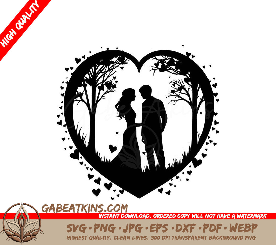 A Silhouette Of A Man And Woman In A Heart Surrounded By Hearts SVG - Heart Embracing Couple SVG