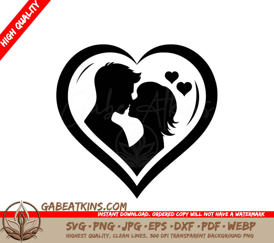 A Silhouette Of A Bride And Groom In A Heart Surrounded By Flowers SVG - Heartfelt Couple SVG