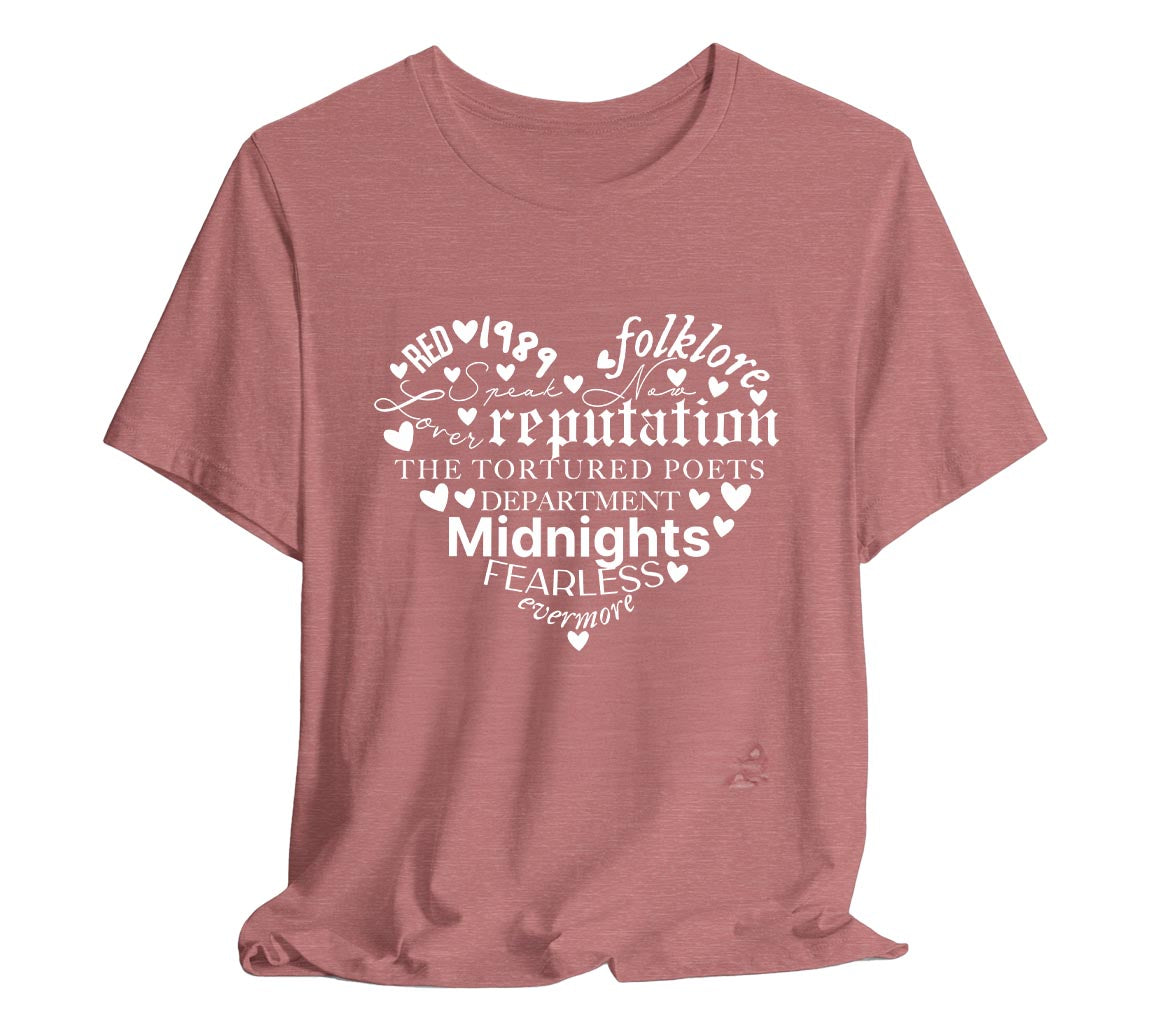 Taylor Swift Heart Shaped Album Names T-Shirt | Taylor Swift Inspired T-Shirt Listing All of her Albums (Pre TTPD) in a Heart Shape, Taylor Swift T-Shirt, Taylor Swift Merch, Swiftie Merch, All Albums Tee, Discography Shirt, Heart Shirt, Concert Tee, Bella Canvas 3001 t-shirt