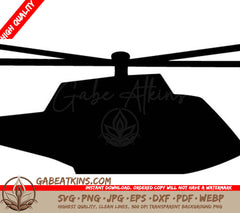 A Black Silhouette Of A Helicopter On A White Background . SVG - Helicopter Profile SVG