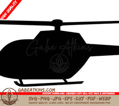 A Silhouette Of A Helicopter Flying In The Sky On A White Background . SVG - Helicopter Silhouette SVG