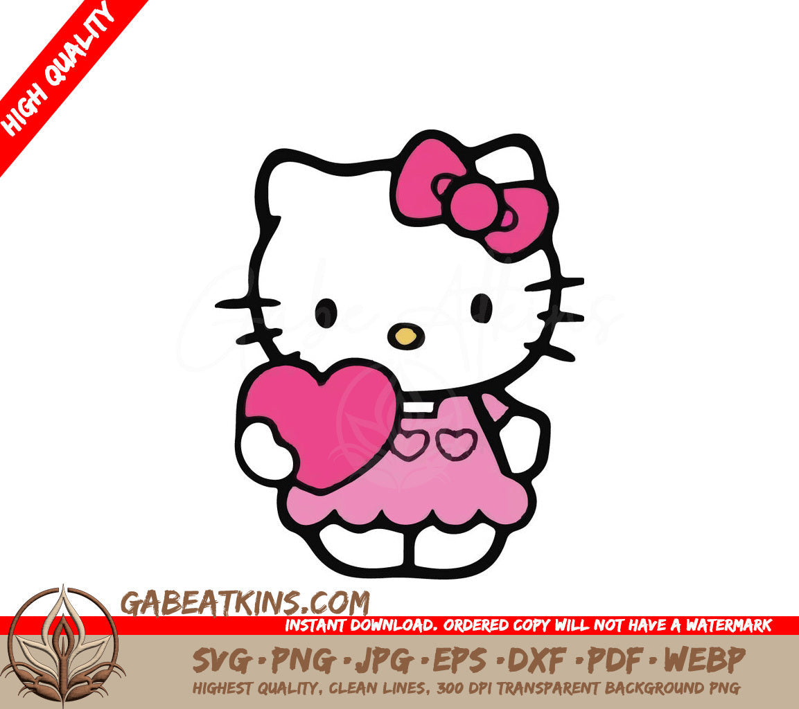 A Drawing Of Hello Kitty Holding A Pink Heart SVG - Hello Kitty - Holding Heart and Pink Bow SVG