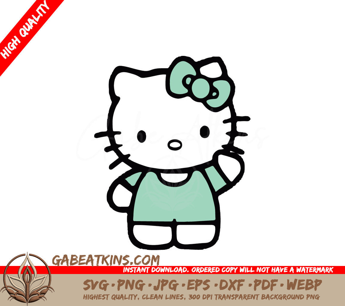 A Drawing Of Hello Kitty With A Bow On Her Head SVG - Hello Kitty Green Top and Green Bow SVG