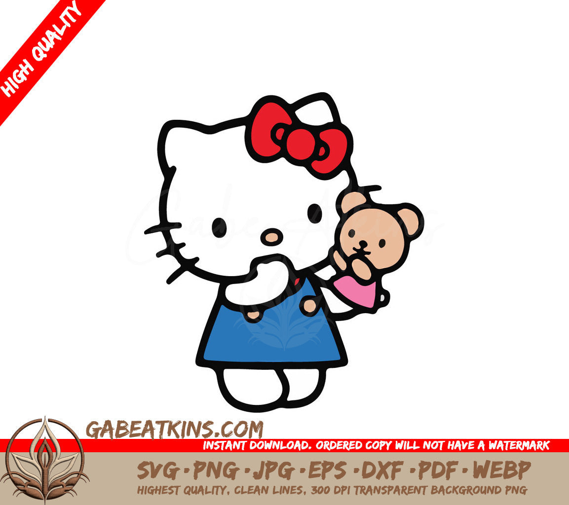 A Drawing Of Hello Kitty Holding A Teddy Bear SVG - Hello Kitty Holding a Teddy bear SVG