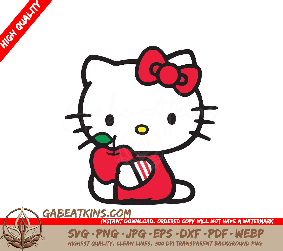 A Drawing Of Hello Kitty Holding A Red Apple SVG - Hello Kitty Holding an Apple with Red Bow SVG