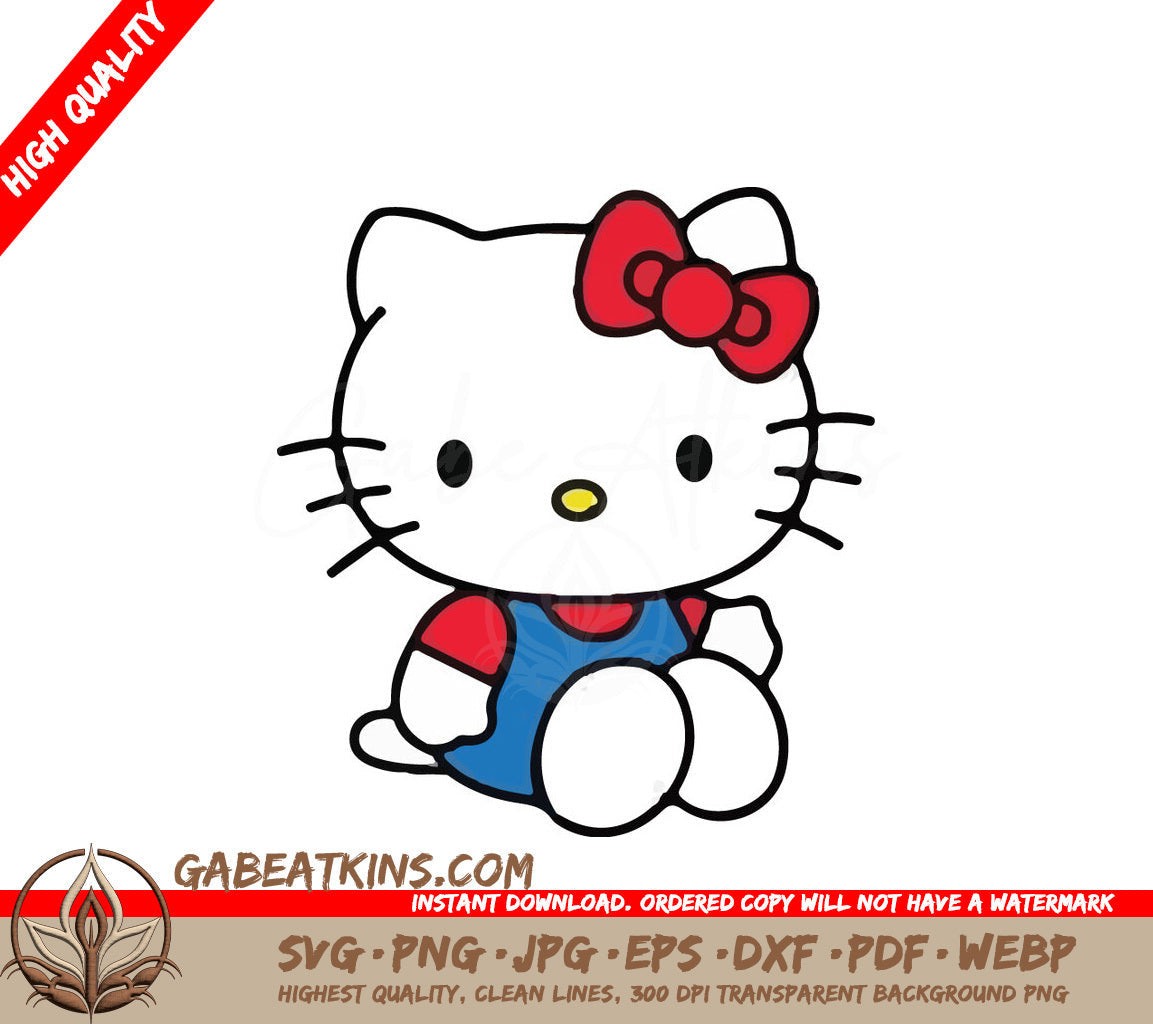 A Drawing Of Hello Kitty With A Red Bow On Her Head SVG - Hello Kitty Wearing blue Pants and red Bow SVG