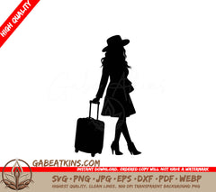 A Silhouette Of A Woman In A Hat Pulling A Suitcase SVG - High Fashion Traveler SVG