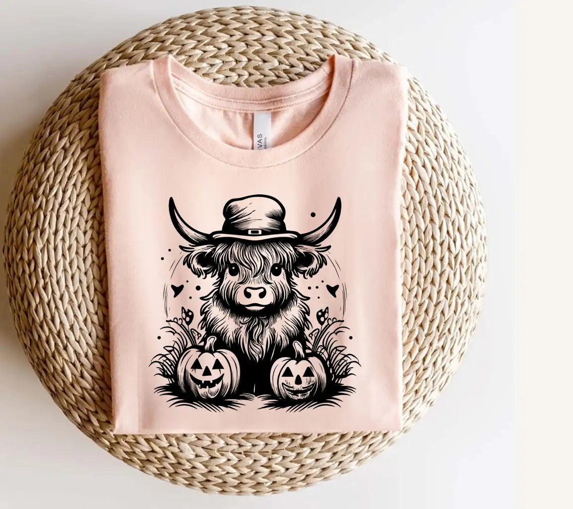 Highland Cow Scarecrow Pumpkin Patch SVG - Witch Hat & Pumpkins SVG