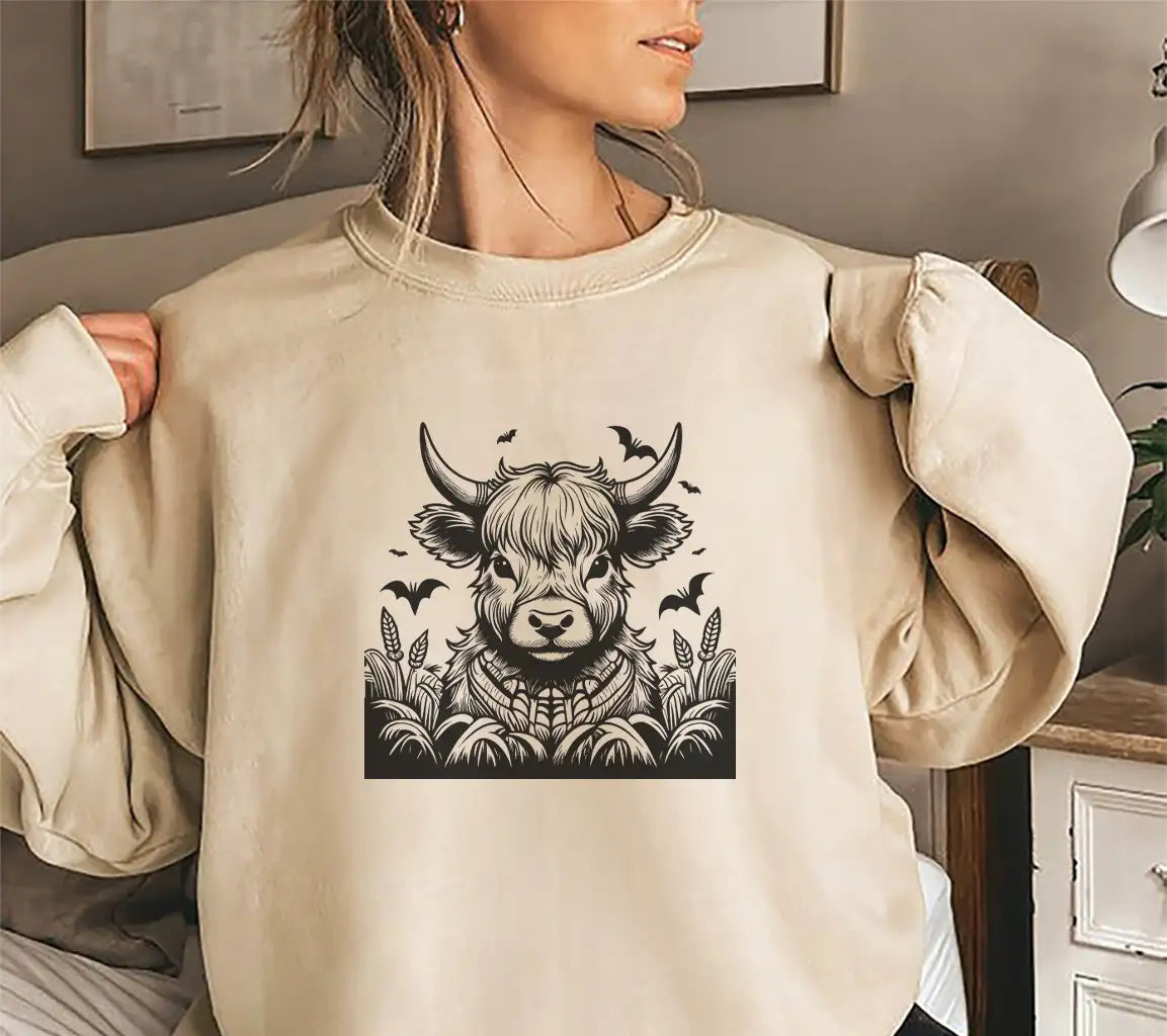  Bull with Bats SVG - Highland Cow Skeleton Moonlight Cornfield SVG