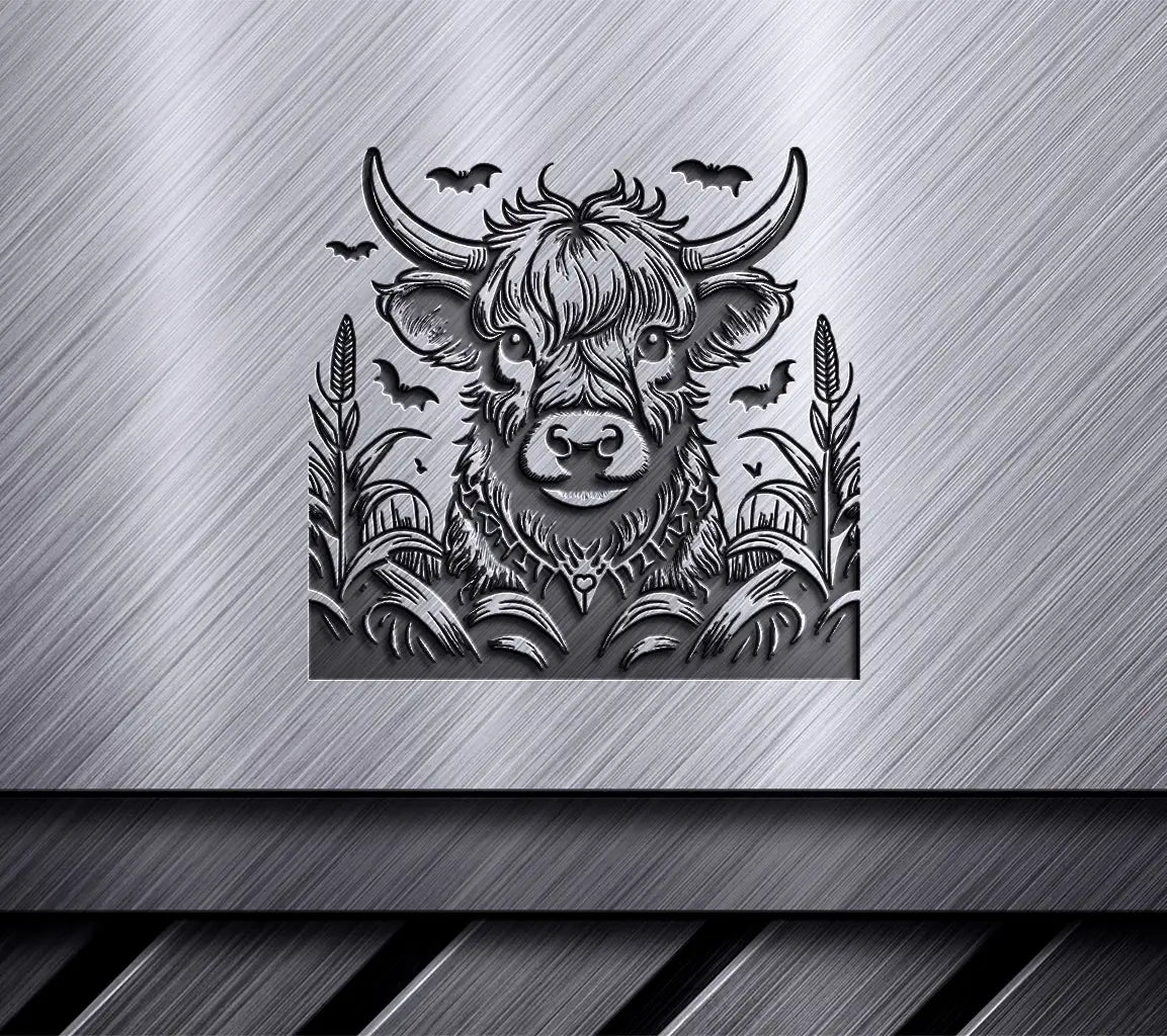  Bull with Bats SVG - Highland Cow Skeleton Moonlit Cornfield SVG