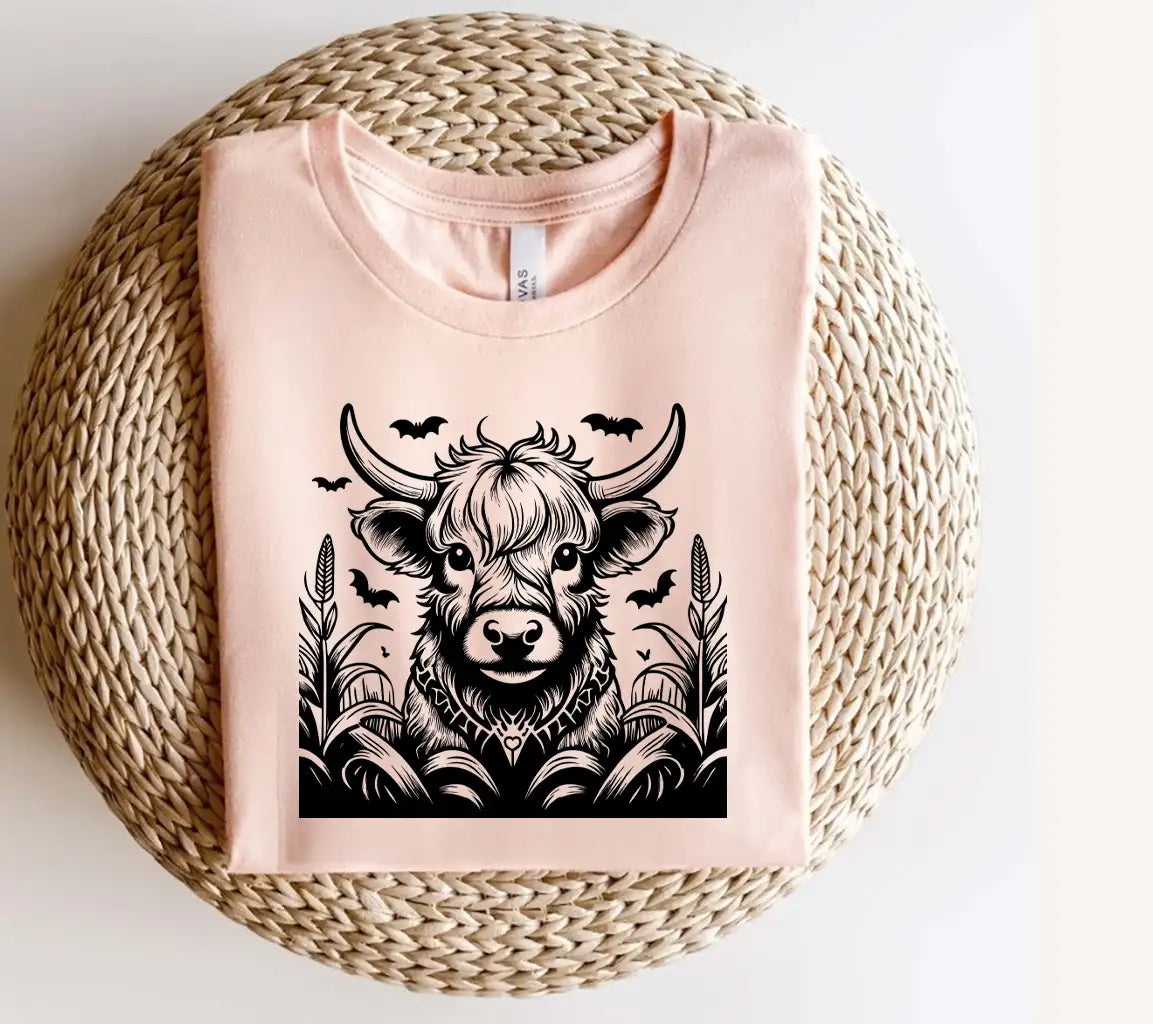  Bull with Bats SVG - Highland Cow Skeleton Moonlit Cornfield SVG