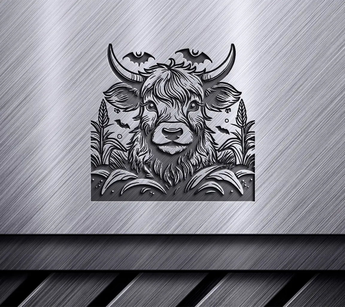  Bull with Bats SVG - Highland Cow Skeleton Moonlit Cornfield SVG