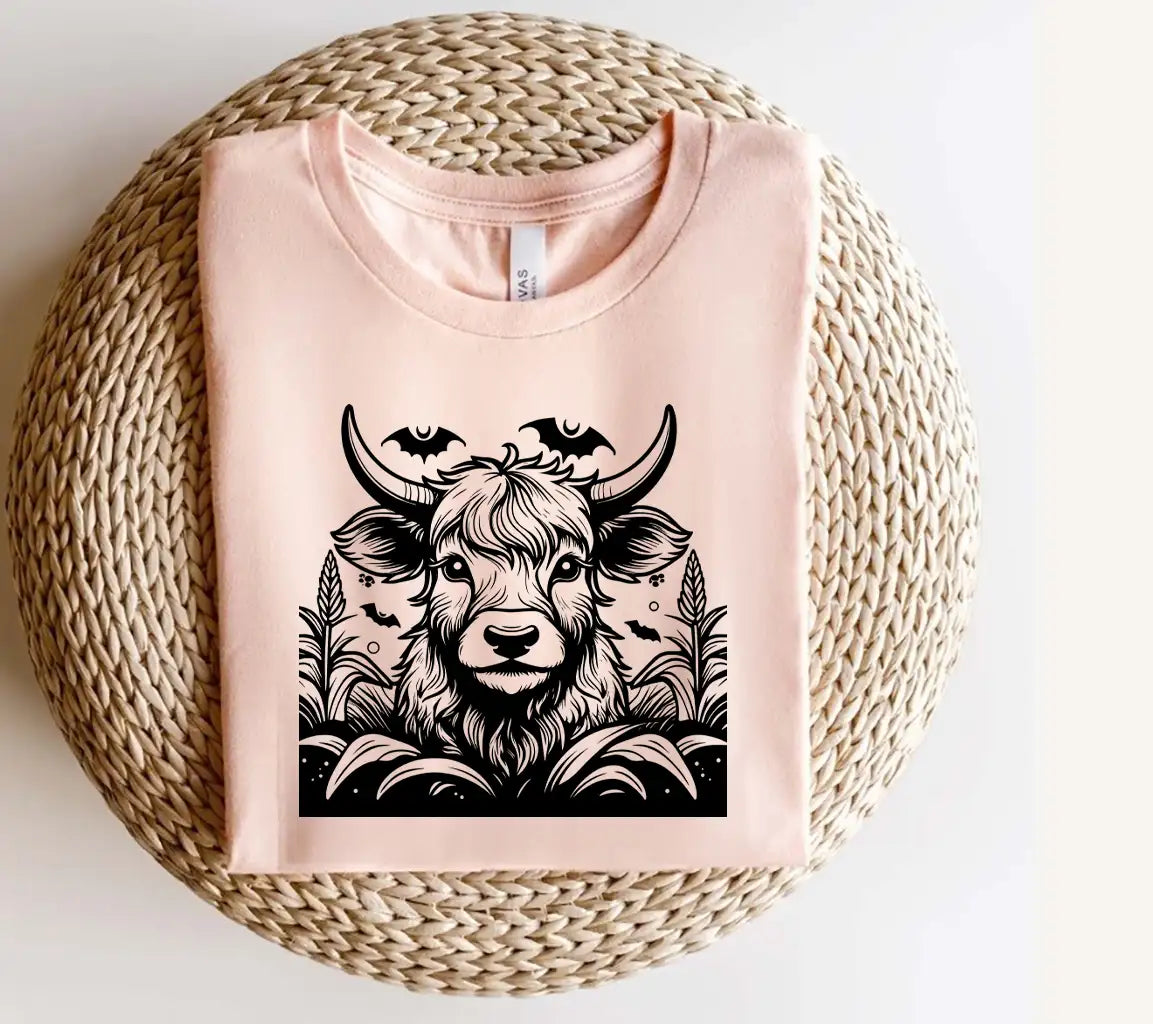  Bull with Bats SVG - Highland Cow Skeleton Moonlit Cornfield SVG