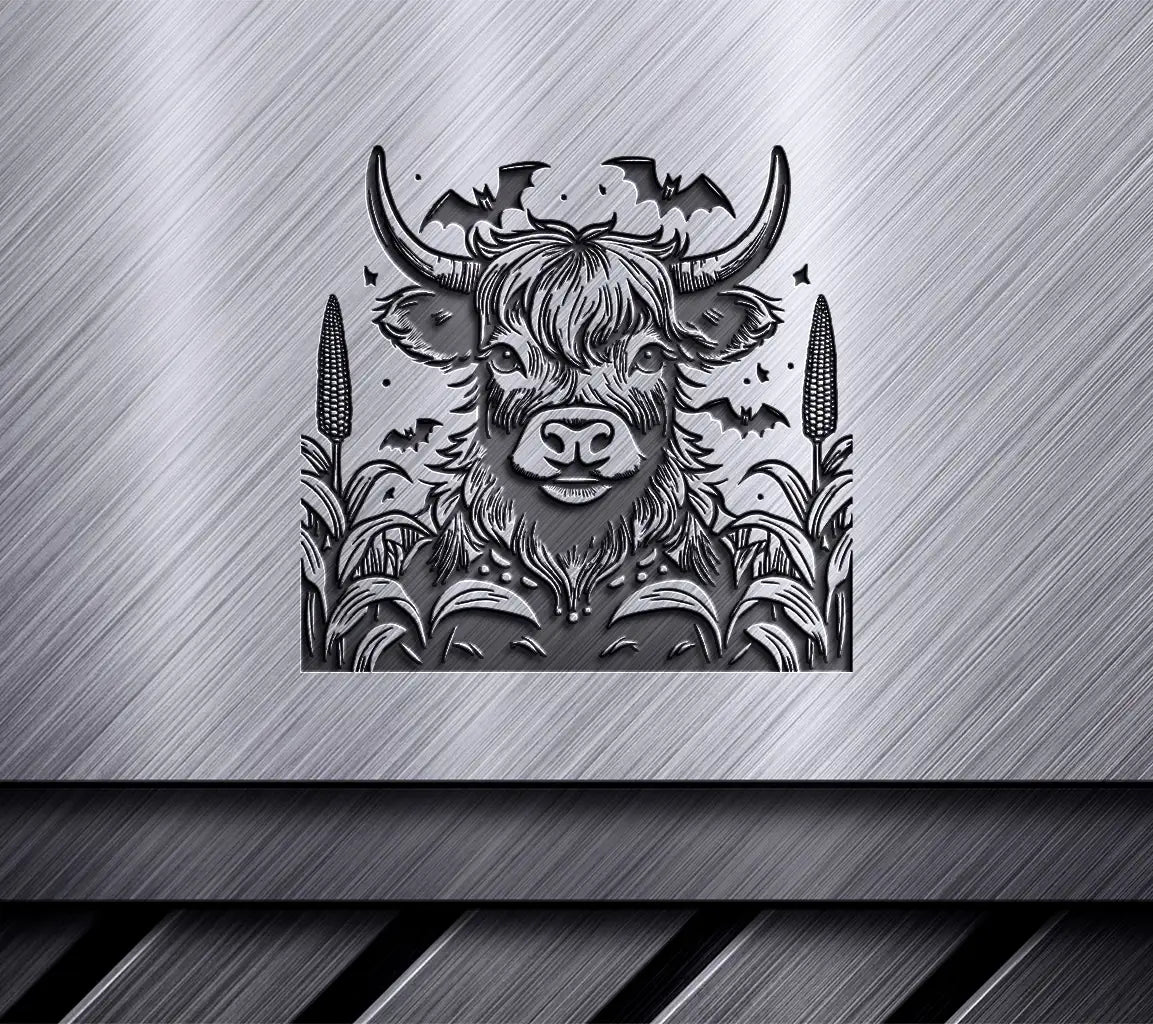  Bull with Bats SVG - Highland Cow Skeleton Moonlit Cornfield SVG