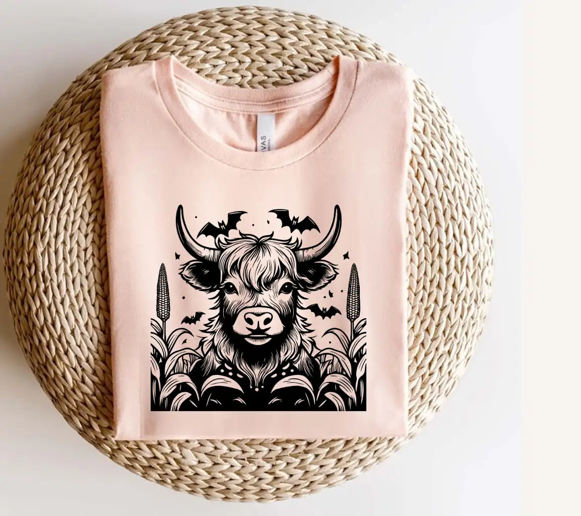  Bull with Bats SVG - Highland Cow Skeleton Moonlit Cornfield SVG