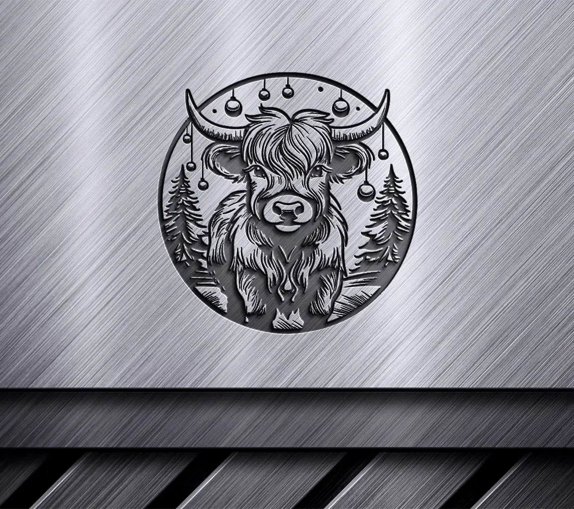 Highland Cow Winter Wonderland SVG -  Monochromatic Bull Christmas Illustration SVG