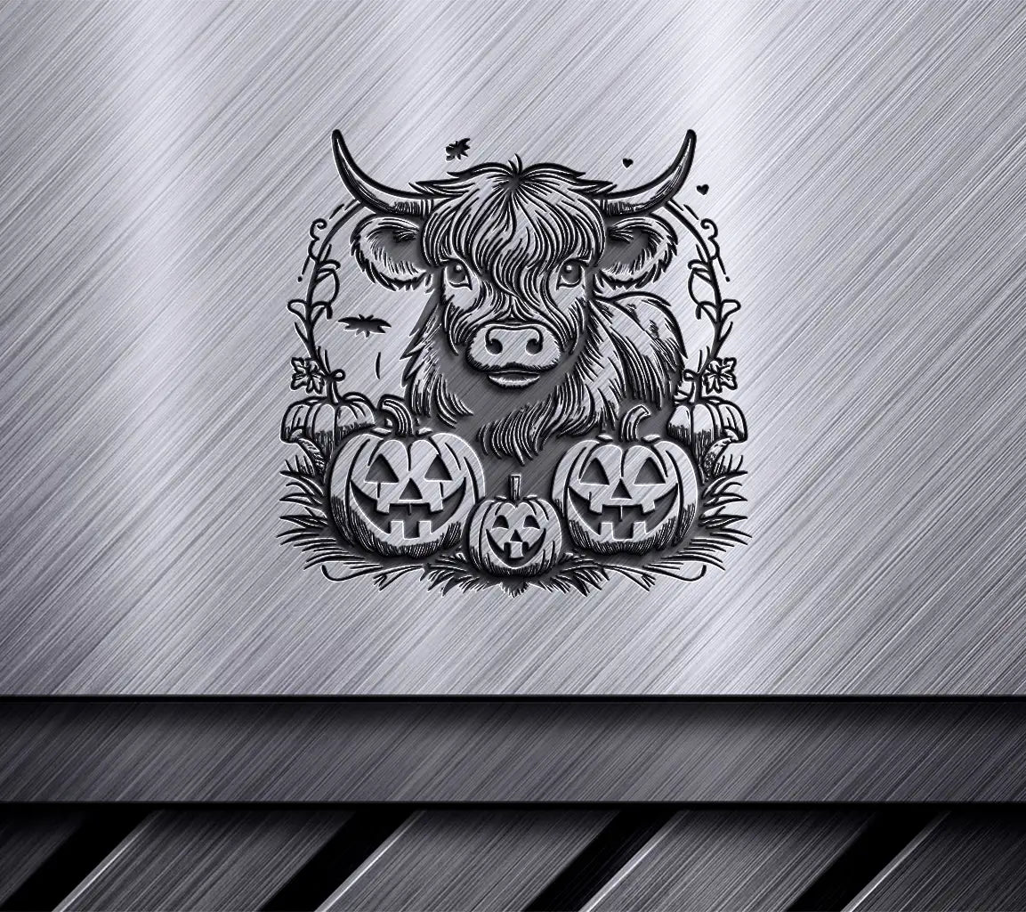  Bull & Pumpkins SVG - Highland Cow Twilight Scene SVG