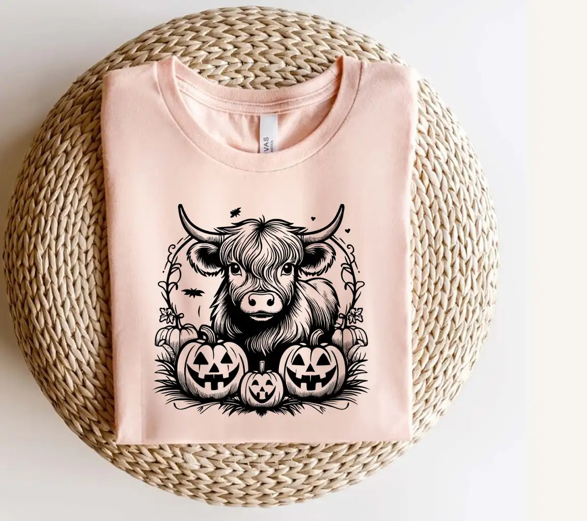  Bull & Pumpkins SVG - Highland Cow Twilight Scene SVG