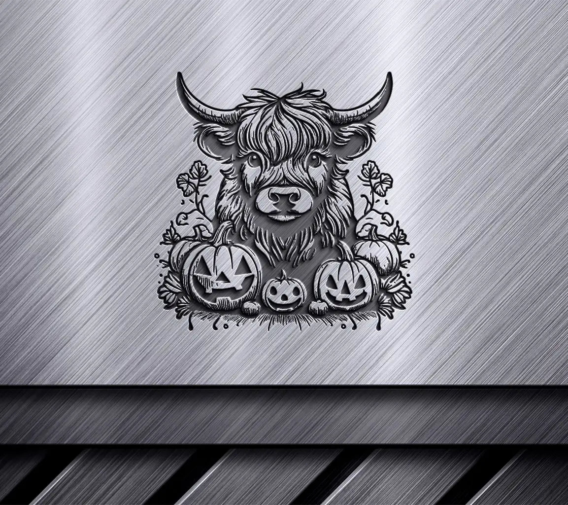  Bull & Pumpkin Patch SVG - Highland Cow Twilight Scene SVG