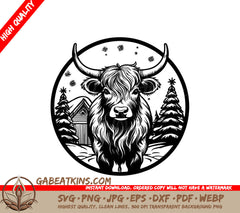 Highland Cow Christmas Cabin SVG -  Bull in the Snow SVG