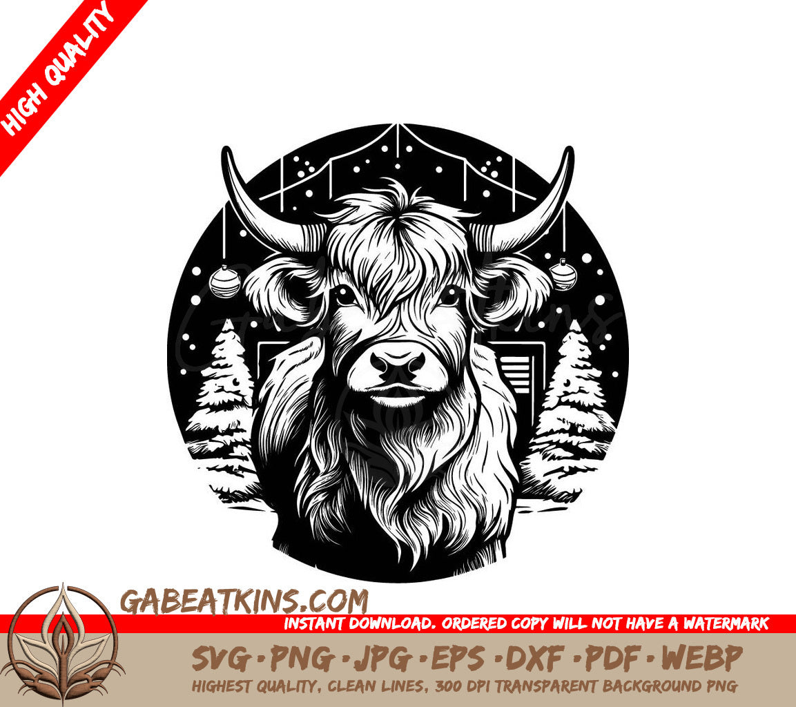 Highland Cow Christmas SVG -  Bull with Snowy Barn and Trees SVG